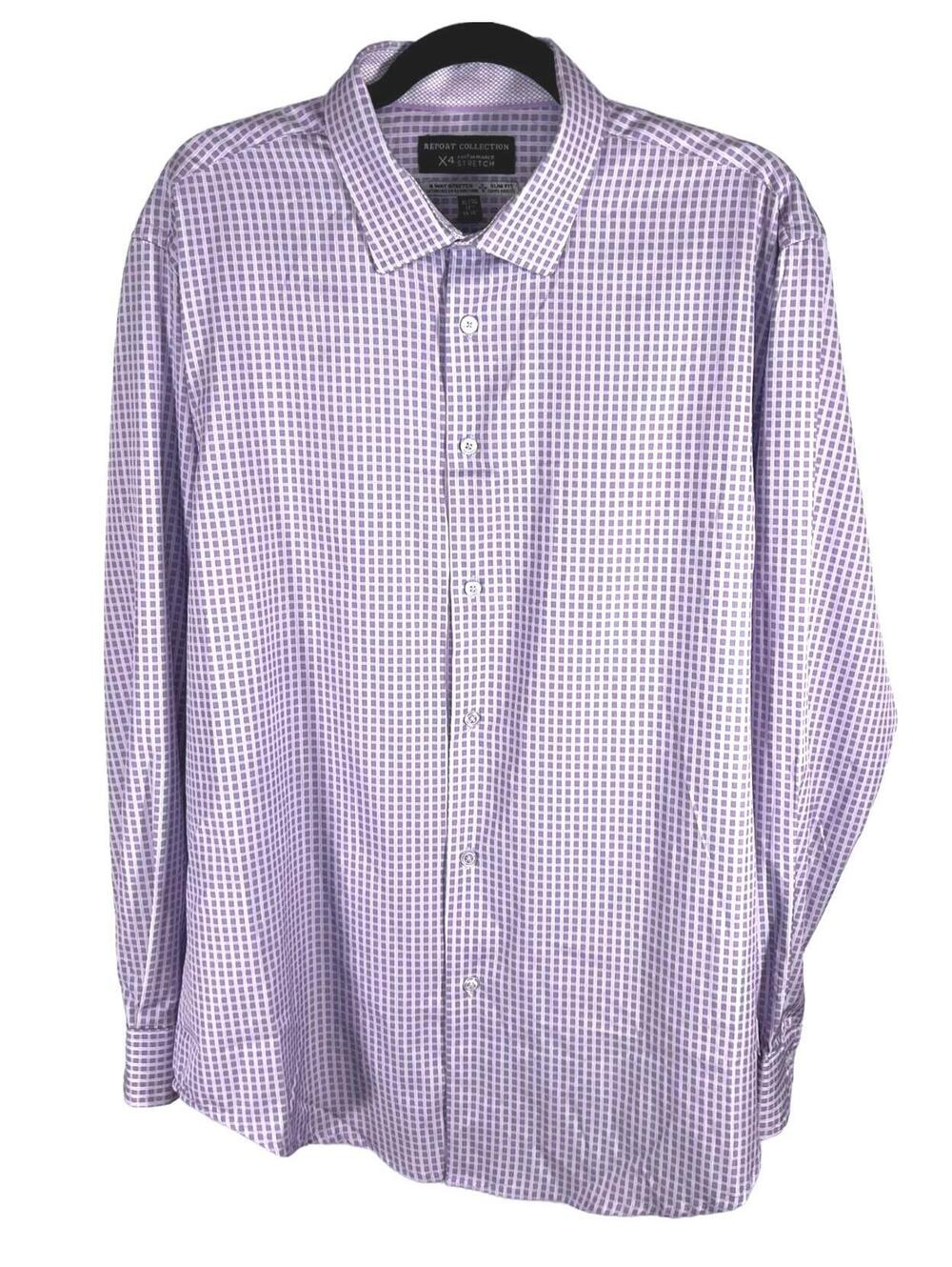 Report Collection X4 Performance Stretch Dress Shirt Purple Gingham Plaid XL